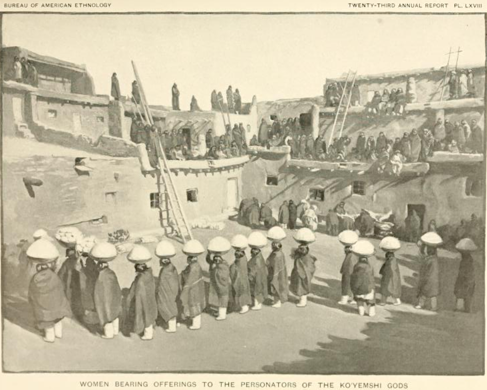 Cérémonial Zuñi, femmes portant des offrandes de maïs, blé et pain aux personnificateurs des dieux Ko'yemshi, c. 1900